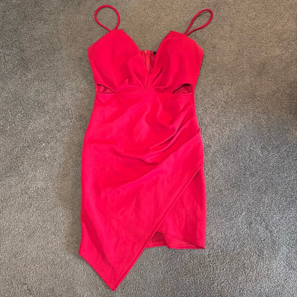 Fashion Nova V-Neck Red Asymmetrical Mini Dress w/ Cut Outs